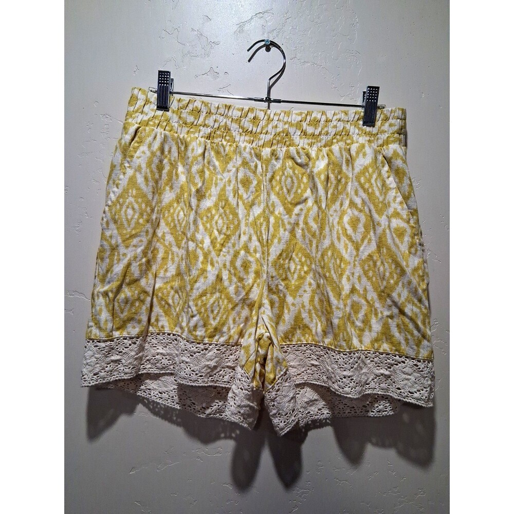 Calligraphie Shorts Linen Blend Women's SZ S Yellow Chevron Lace Trim Whimsy